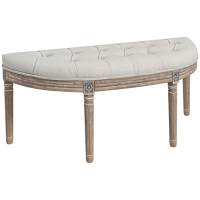 Banc bout de lit demi-lune style Louis XVI bois sculpté patiné tissu grège