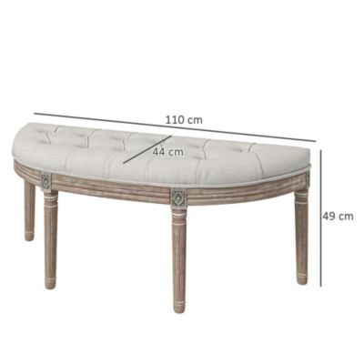 Banc bout de lit demi-lune style Louis XVI bois sculpté patiné tissu grège