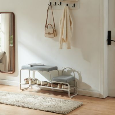 Banc à chaussures Jässaatka avec tabouret enfant 100 x 32 x 46 cm gris en.casa