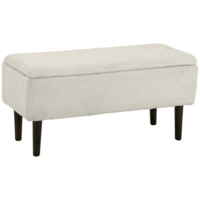 Banc coffre de rangement 2 en 1 piètement bois noir tissu bouclette blanc cassé
