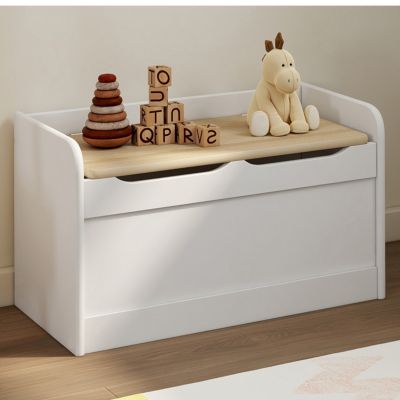 Banc coffre de rangement enfant LOGAN 60 cm en bois blanc et hêtre