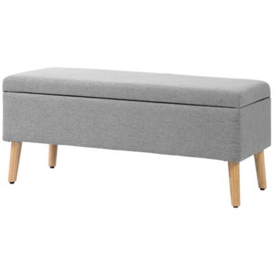 Banc coffre de rangement style scandinave piètement éffilé incliné bois hévéa tissu gris