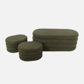 Banc coffre en bouclettes kaki avec 2 poufs ovales de rangement intégrés - L111cm