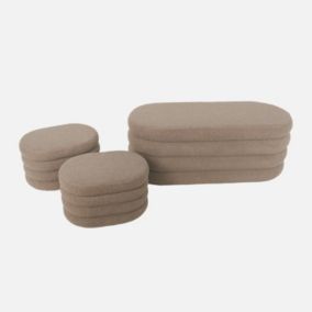 Banc coffre en bouclettes taupe avec 2 poufs ovales de rangement intégrés - L111cm