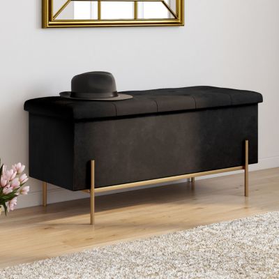 Banc coffre rangement LOUIS pieds métal doré 100 cm velours noir