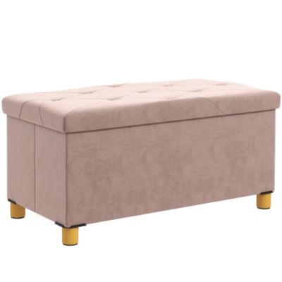 Banc coffre style Chesterfield effet capitonné dim. 76L x 38l x 38H cm piètement bois velours vieux rose