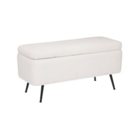 Banc Coffre tissu blanc à bouclettes et pieds en métal  100 x 40 cm