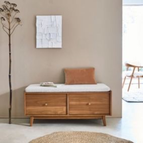 Banc d'entrée en teck massif et tissu bouclette 120 cm
