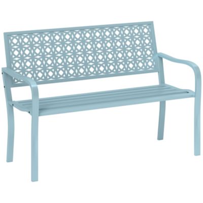 Banc de jardin 2 places dossier ajouré motif rosace graphique métal époxy bleu