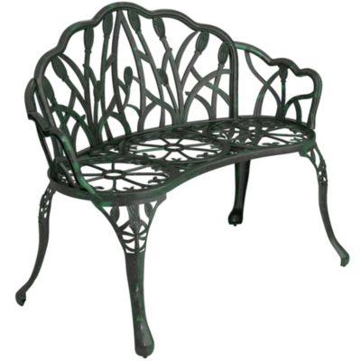 Banc de jardin 2 places en aluminium moulé, dossier tulipe assise florale, 99x57x78cm, vert antique