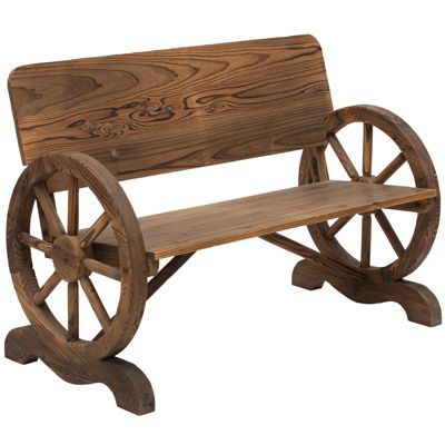 Banc de jardin 2 places en bois massif avec accoudoirs, design roue de chariot