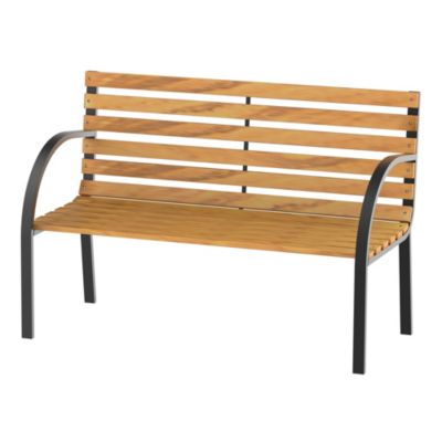 Banc de jardin 2 places style rural chic assise dossier à lattes bois naturel lasuré châssis acier époxy noir