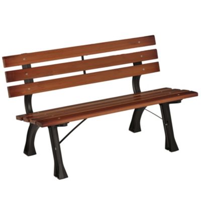 Banc de jardin 2 places style rural chic assise dossier à lattes bois sapin lasuré châssis fonte alu noir