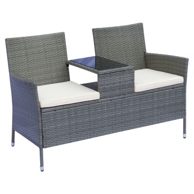 Banc de jardin design contemporain banc double chaise avec coussins assise tablette intégrée résine tressée grise polyester crème