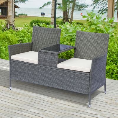 Banc de jardin design contemporain banc double chaise avec coussins assise tablette intégrée résine tressée grise polyester crème