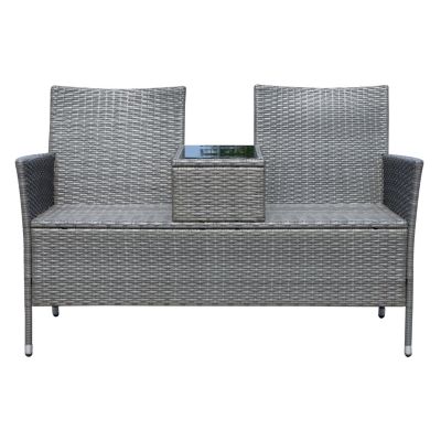 Banc de jardin design contemporain banc double chaise avec coussins assise tablette intégrée résine tressée grise polyester crème