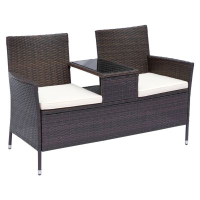 Banc de jardin design double chaise avec coussins assise + tablette intégrée résine tressée chocolat polyester crème