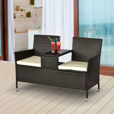 Banc de jardin design double chaise avec coussins assise + tablette intégrée résine tressée chocolat polyester crème