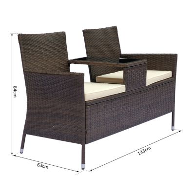 Banc de jardin design double chaise avec coussins assise + tablette intégrée résine tressée chocolat polyester crème