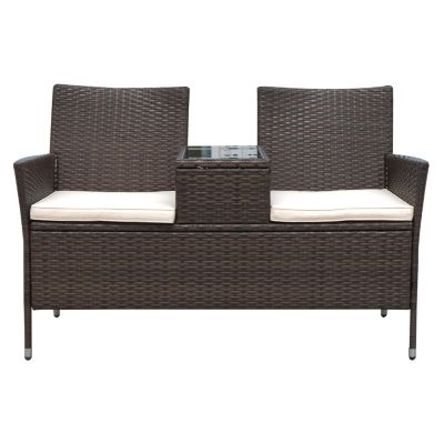 Banc de jardin design double chaise avec coussins assise + tablette intégrée résine tressée chocolat polyester crème