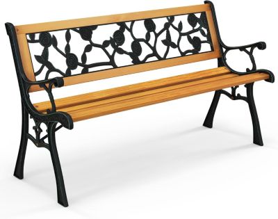 Banc de Jardin Extérieur pour 3 Personnes Banc de Patio en Métal Moulé Banc de Parc avec Siège en Bois de Pin Vintage