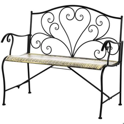 Banc de Jardin Métal Noir Doré - Modèle Effet Vieilli - Style Néo-Rétro - Lignes Fuselées - Balcon Terasse