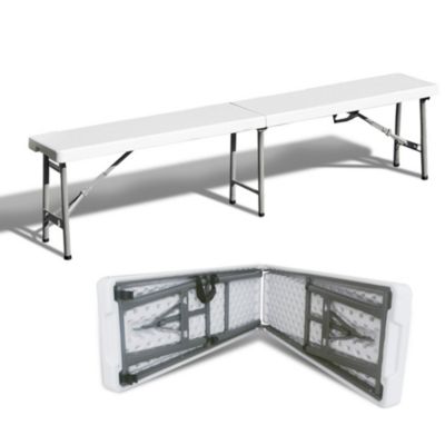 Banc de jardin pliant en plastique blanc 183 cm avec poignee, pieds acier, 4 places, charge 400 kg