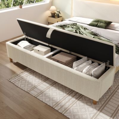 Banc de Lit avec Coffre de Rangement Hydraulique, Assise en Velours Beige, Bois Massif et MDF, 145x38x46 cm