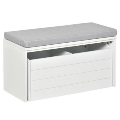 Banc de rangement avec coussin gris - meuble à chaussures - banc à chaussures avec grand tiroir double compartiment - MDF blanc