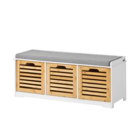 Banc de Rangement en Bois 3 Tiroirs + Coussin Meuble Commode Salon Salle à Manger Chambre Beige et Blanc