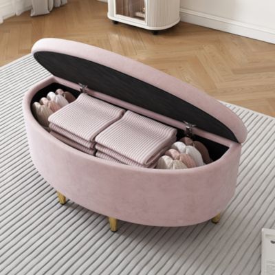 Banc de rangement en velours, banquette capitonnée avec assise rembourrée, pieds en métal doré, style moderne - Rose - 90x40x42 cm