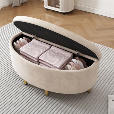 Banc de rangement en velours, Tabouret capitonnée avec assise rembourrée et pieds en métal doré, moderne pour salon/chambre, Beige