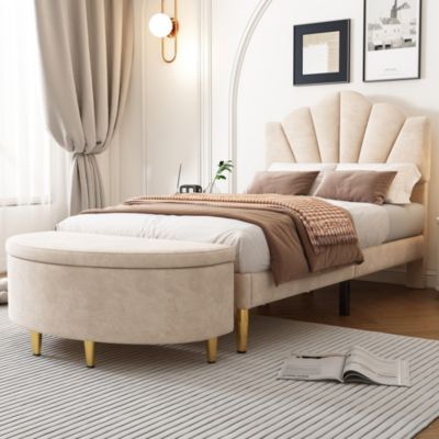 Banc de rangement en velours, Tabouret capitonnée avec assise rembourrée et pieds en métal doré, moderne pour salon/chambre, Beige