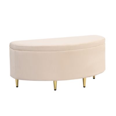 Banc de rangement en velours, Tabouret capitonnée avec assise rembourrée et pieds en métal doré, moderne pour salon/chambre, Beige