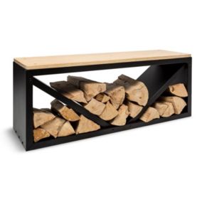 Banc de Rangement Noir pour Bois de Chauffage avec Planche de Bambou - Pour Intérieur et Extérieur