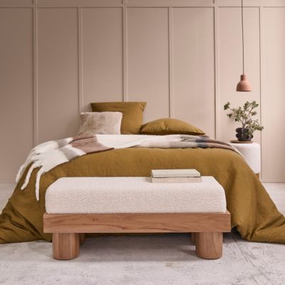 Banc en bois de teck et tissu bouclette 100 cm