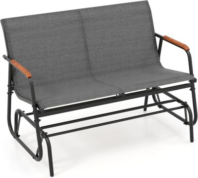 Banc Exterieur Jardin à Bascule,115x74x84 CM, avec Assise en Tissu,Accoudoirs en Teck et Structure en Métal (2 Personnes)