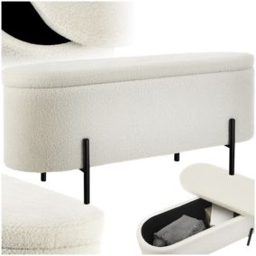 Banc LANJA rembourré, en tissu bouclé et avec espace de rangement en tissu bouclé rembourré
