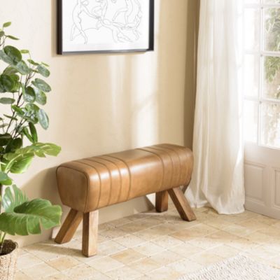Banc matelassé cuir marron pieds inclinés en bois de manguier