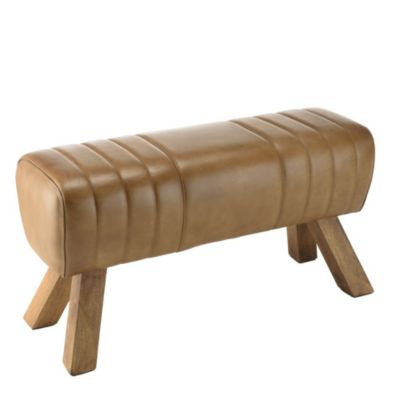 Banc matelassé cuir marron pieds inclinés en bois de manguier