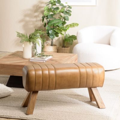 Banc matelassé cuir marron pieds inclinés en bois de manguier
