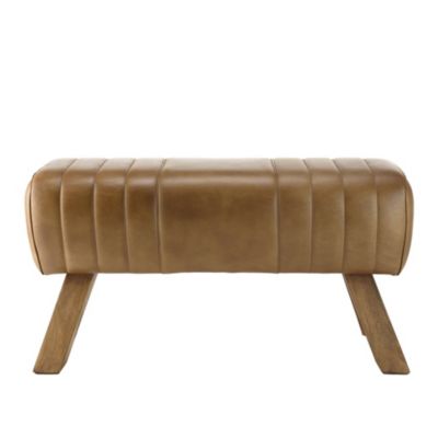 Banc matelassé cuir marron pieds inclinés en bois de manguier