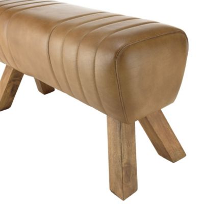 Banc matelassé cuir marron pieds inclinés en bois de manguier