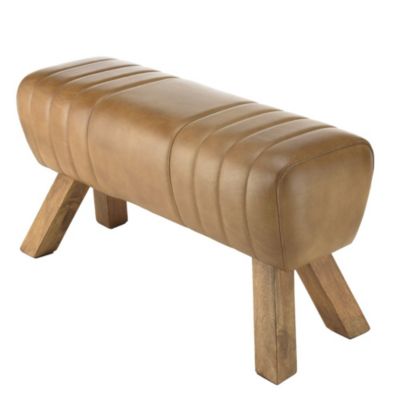 Banc matelassé cuir marron pieds inclinés en bois de manguier