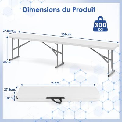 Banc Pliant Jardin en HEPE 182 cm, Poignée de Transport, Etanche, pour Camping, Barbecues,182 x 27,5 x 43 cm,Charge 300KG