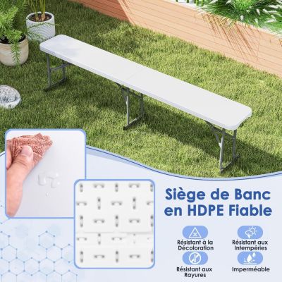 Banc Pliant Jardin en HEPE 182 cm, Poignée de Transport, Etanche, pour Camping, Barbecues,182 x 27,5 x 43 cm,Charge 300KG