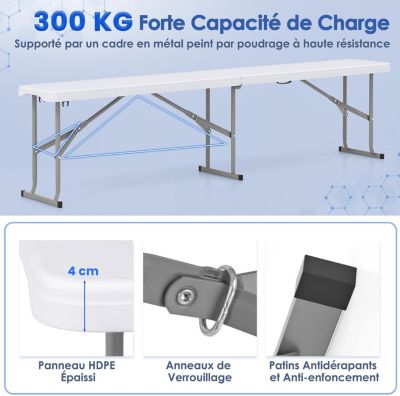 Banc Pliant Jardin en HEPE 182 cm, Poignée de Transport, Etanche, pour Camping, Barbecues,182 x 27,5 x 43 cm,Charge 300KG