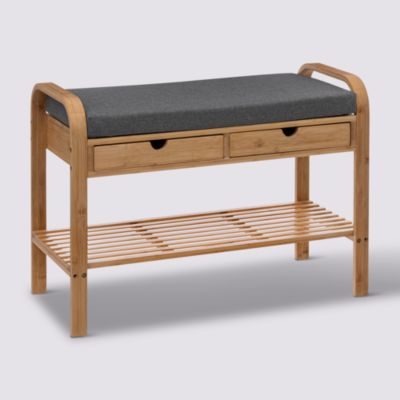 Banc range chaussures pour 4 paires en bambou, avec coussin et 2 tiroirs L.74 x H.55 x P.34 cm, 5Five Jano