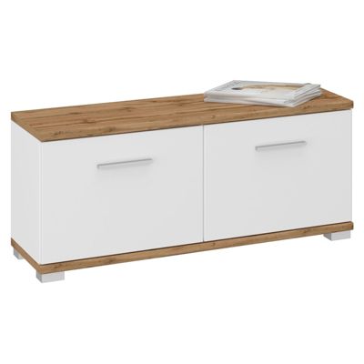 Banc rangement à chaussures VIELLA en mélaminé couleur chêne wotan et blanc
