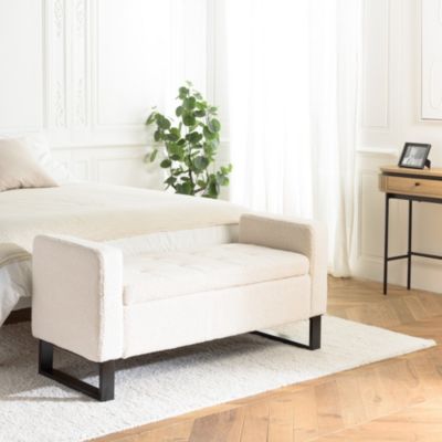 Banc tissu bouclette écru avec rangement et pieds métal noir